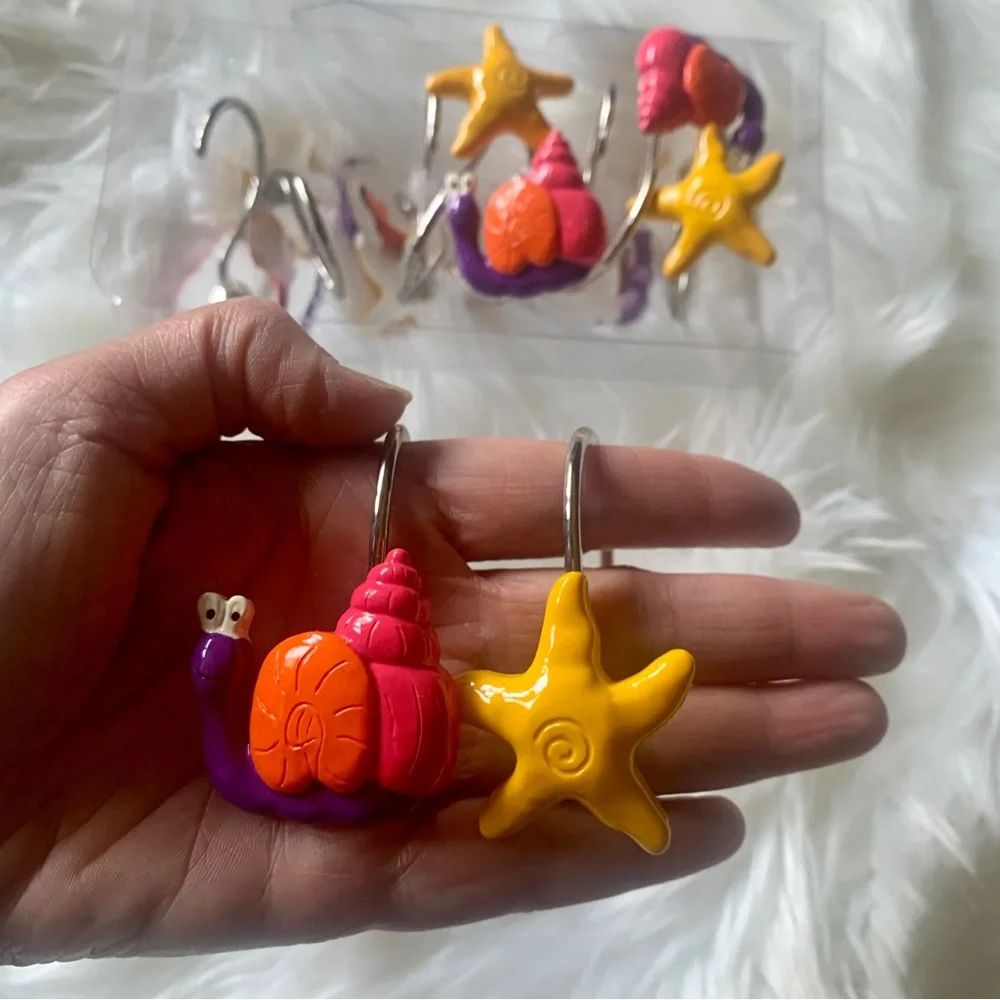 NWT Set of 12 Fun Fish Shower Curtain Rings Hooks Nautical Seashell Starfish